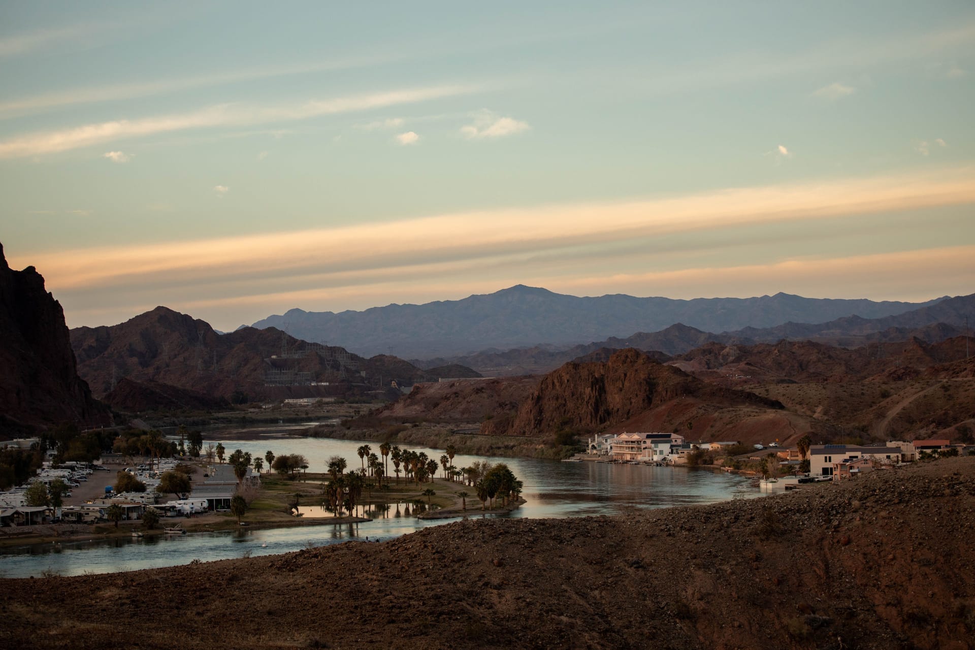 Stunning view of the Parker Arizona river surrounded by mountains and sunset skies