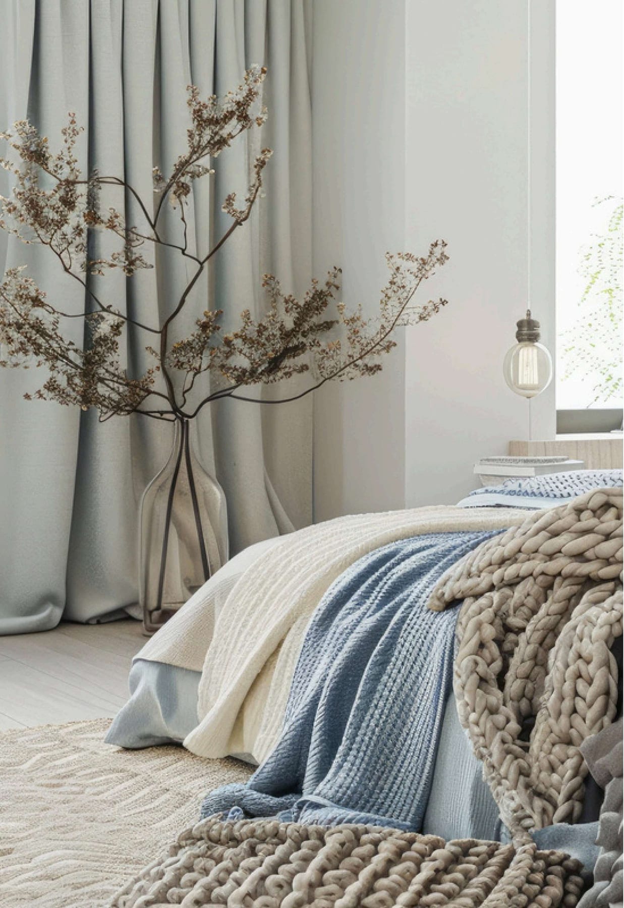 A staged bedroom with neutral drapery and layered bedding, prepared for showings