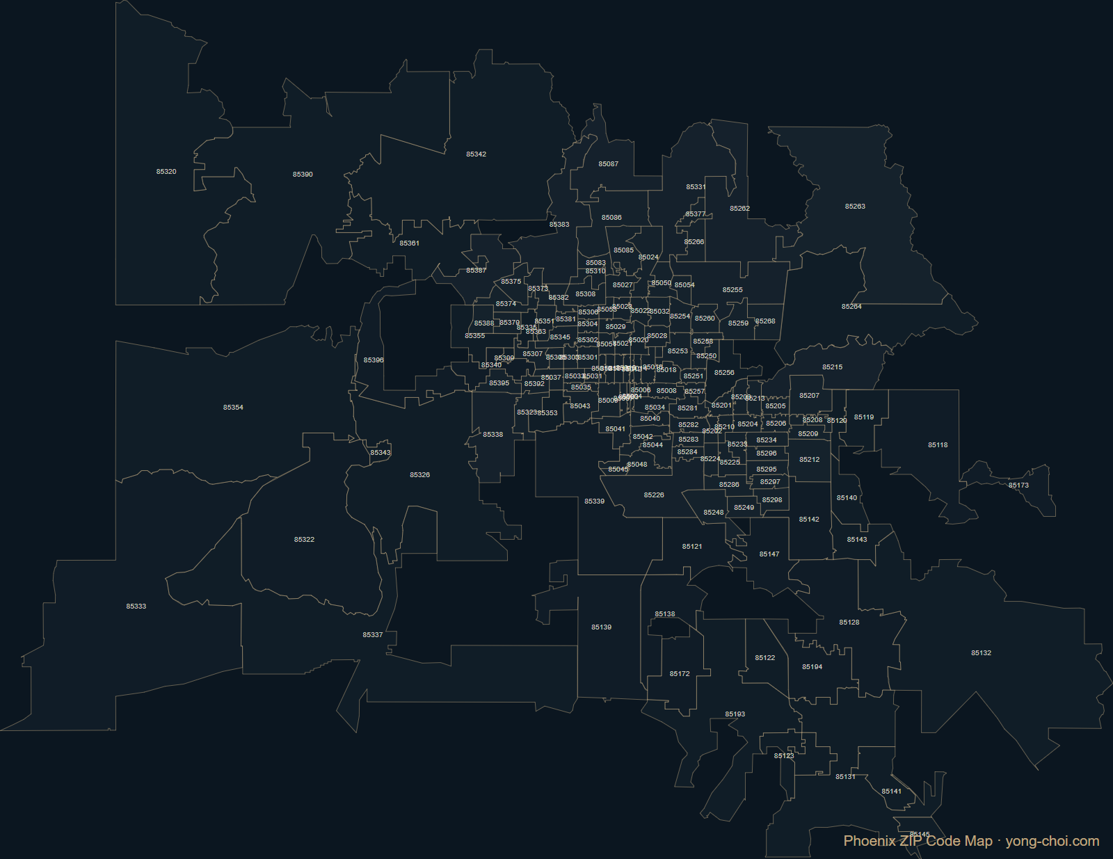 Map of all Phoenix-area ZIP codes across Maricopa County, Arizona, including Scottsdale, Paradise Valley, and North Phoenix