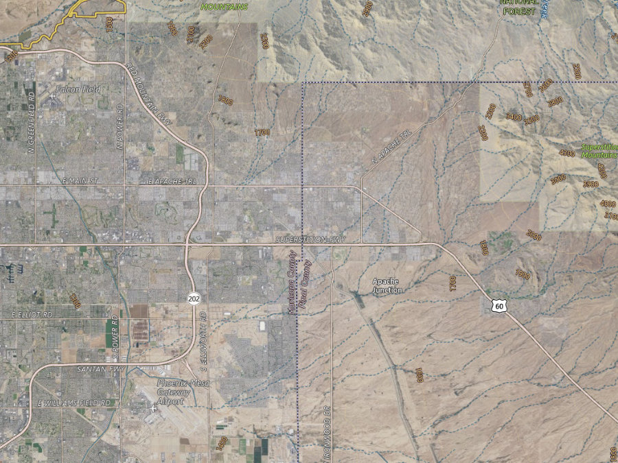Aerial map of ZIP code 85120, Maricopa County, Arizona, showing highways, place names and the ZIP boundary