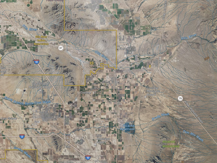 Aerial map of ZIP code 85128, Maricopa County, Arizona, showing highways, place names and the ZIP boundary