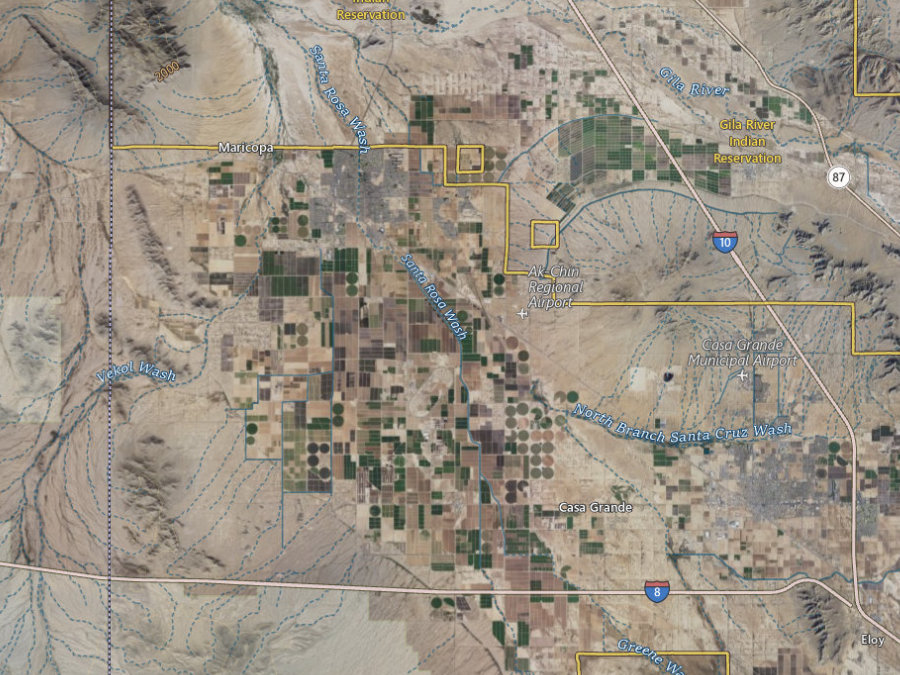 Aerial map of ZIP code 85138, Maricopa County, Arizona, showing highways, place names and the ZIP boundary
