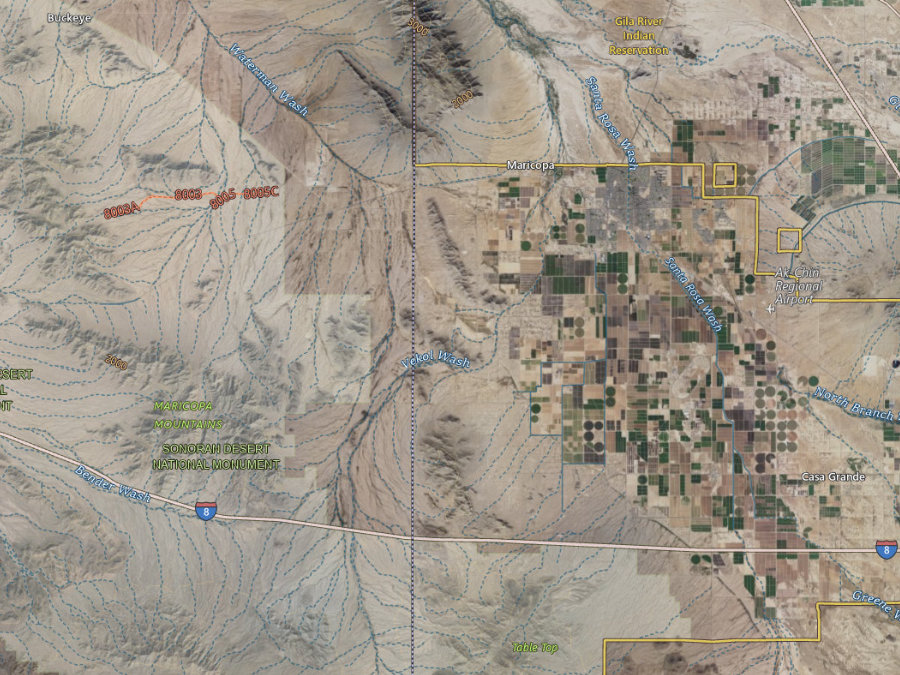Aerial map of ZIP code 85139, Maricopa County, Arizona, showing highways, place names and the ZIP boundary