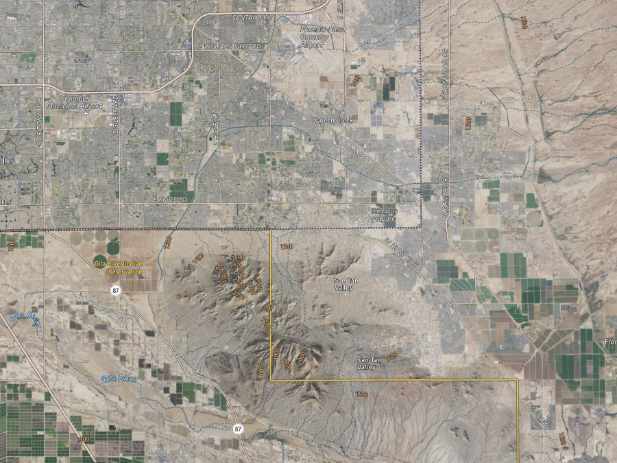 Aerial map of ZIP code 85142, Maricopa County, Arizona, showing highways, place names and the ZIP boundary