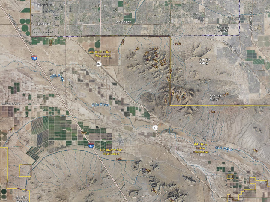 Aerial map of ZIP code 85147, Maricopa County, Arizona, showing highways, place names and the ZIP boundary