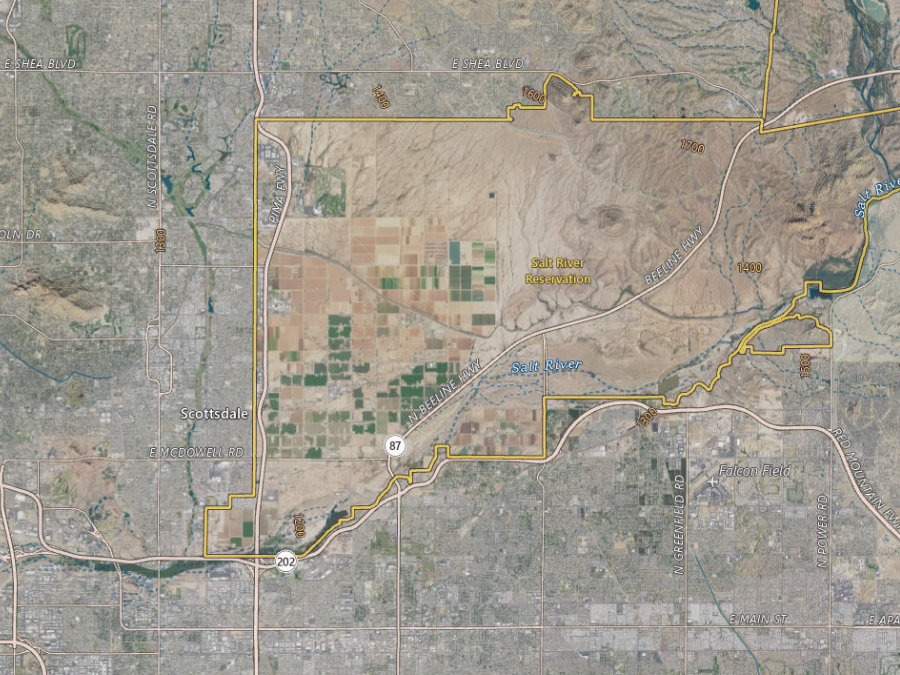 Aerial map of ZIP code 85256, Maricopa County, Arizona, showing highways, place names and the ZIP boundary