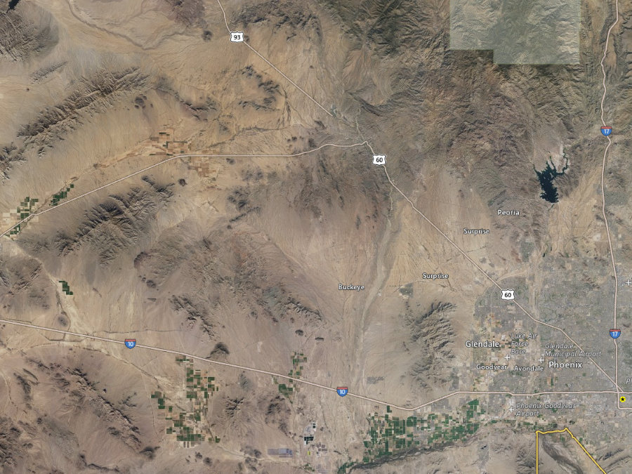 Aerial map of ZIP code 85320, Maricopa County, Arizona, showing highways, place names and the ZIP boundary