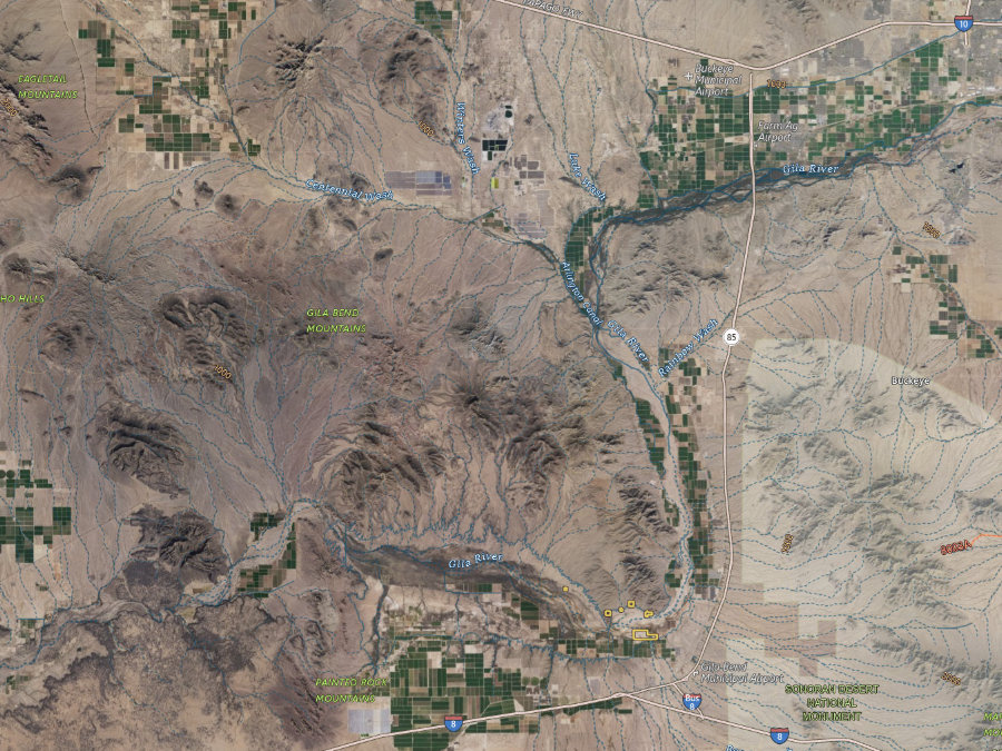 Aerial map of ZIP code 85322, Maricopa County, Arizona, showing highways, place names and the ZIP boundary