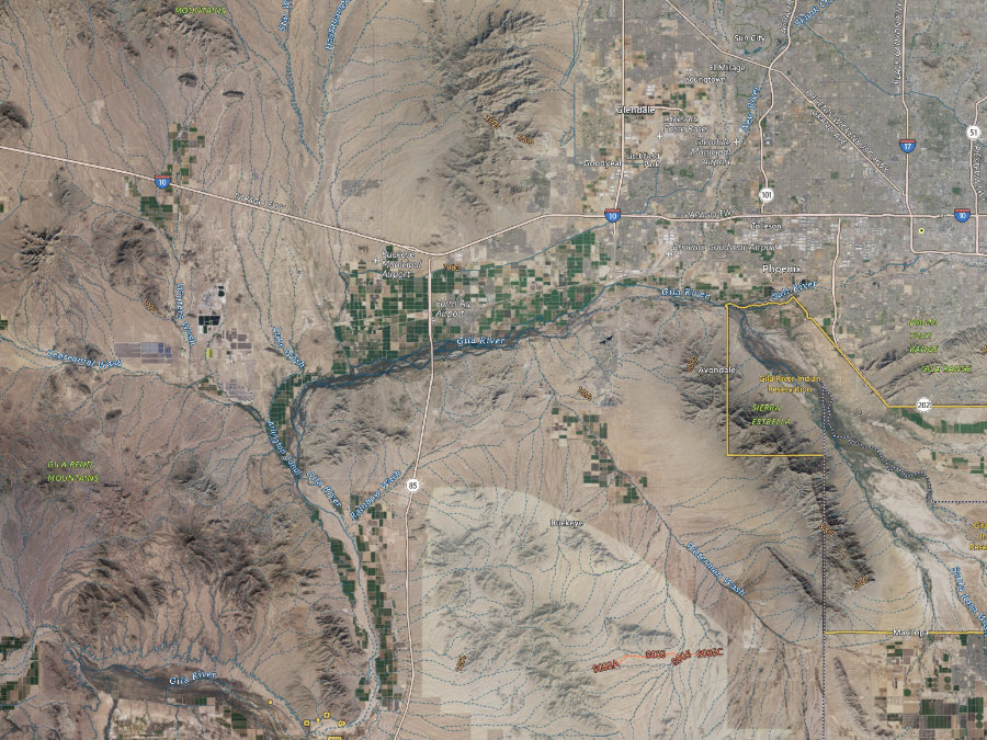 Aerial map of ZIP code 85326, Maricopa County, Arizona, showing highways, place names and the ZIP boundary