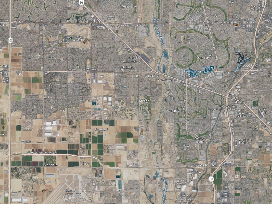 Aerial map of ZIP code 85335, Maricopa County, Arizona, showing highways, place names and the ZIP boundary