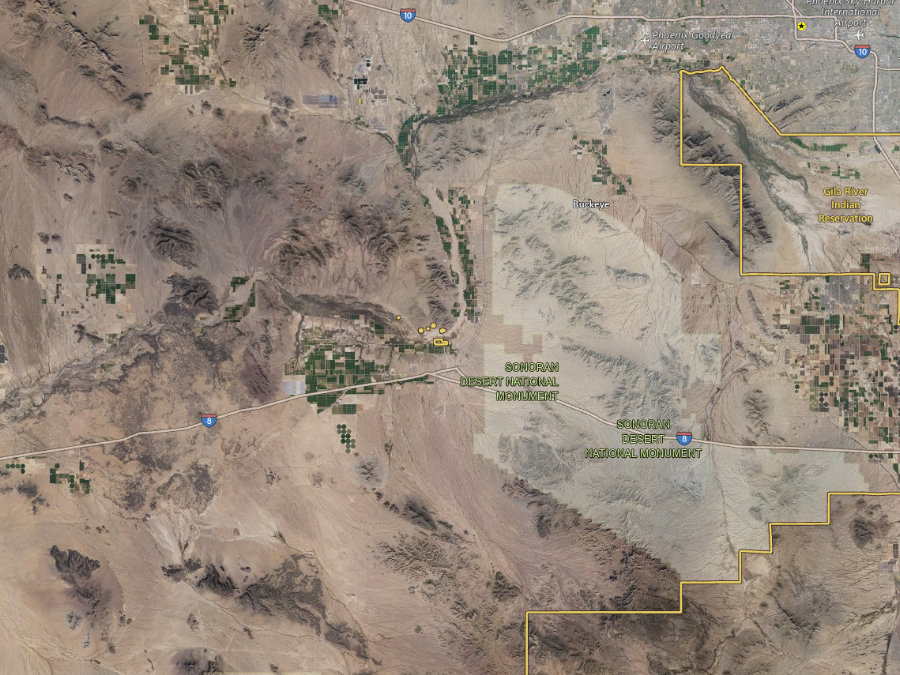 Aerial map of ZIP code 85337, Maricopa County, Arizona, showing highways, place names and the ZIP boundary