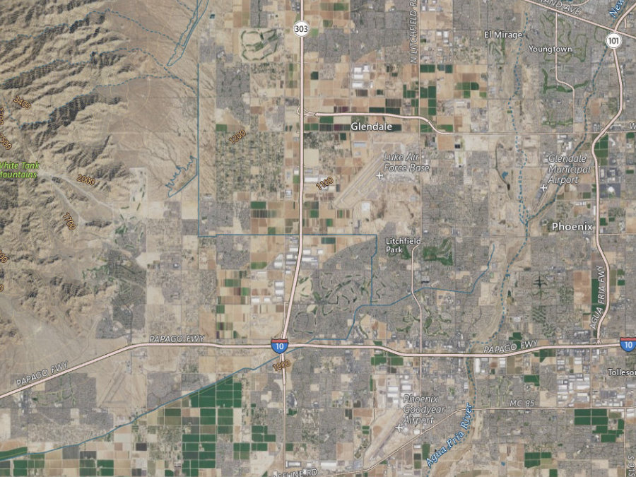 Aerial map of ZIP code 85340, Maricopa County, Arizona, showing highways, place names and the ZIP boundary