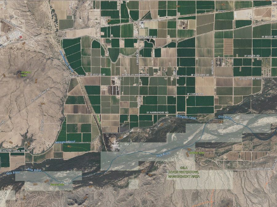 Aerial map of ZIP code 85343, Maricopa County, Arizona, showing highways, place names and the ZIP boundary