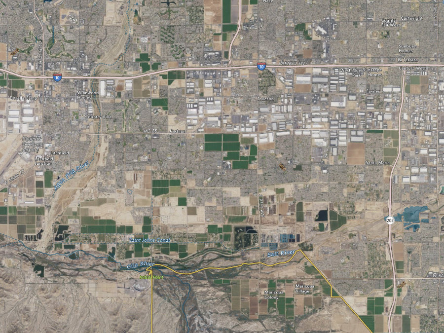 Aerial map of ZIP code 85353, Maricopa County, Arizona, showing highways, place names and the ZIP boundary