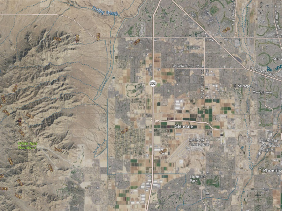 Aerial map of ZIP code 85355, Maricopa County, Arizona, showing highways, place names and the ZIP boundary