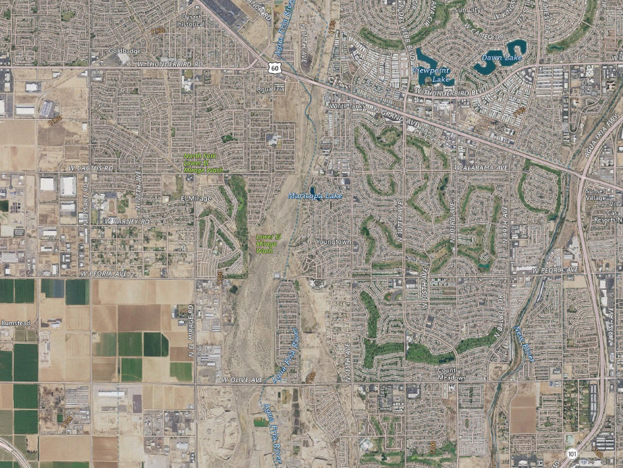 Aerial map of ZIP code 85363, Maricopa County, Arizona, showing highways, place names and the ZIP boundary