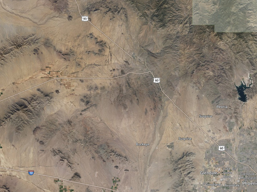Aerial map of ZIP code 85390, Maricopa County, Arizona, showing highways, place names and the ZIP boundary
